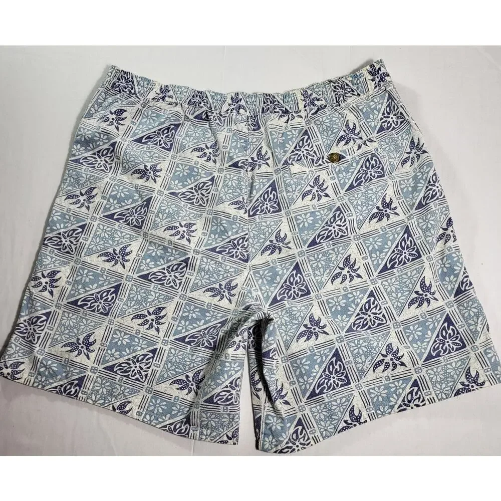 Vintage L.L.Bean Mens Cotton Shorts Blue White Batik Geometric Print Button Zip